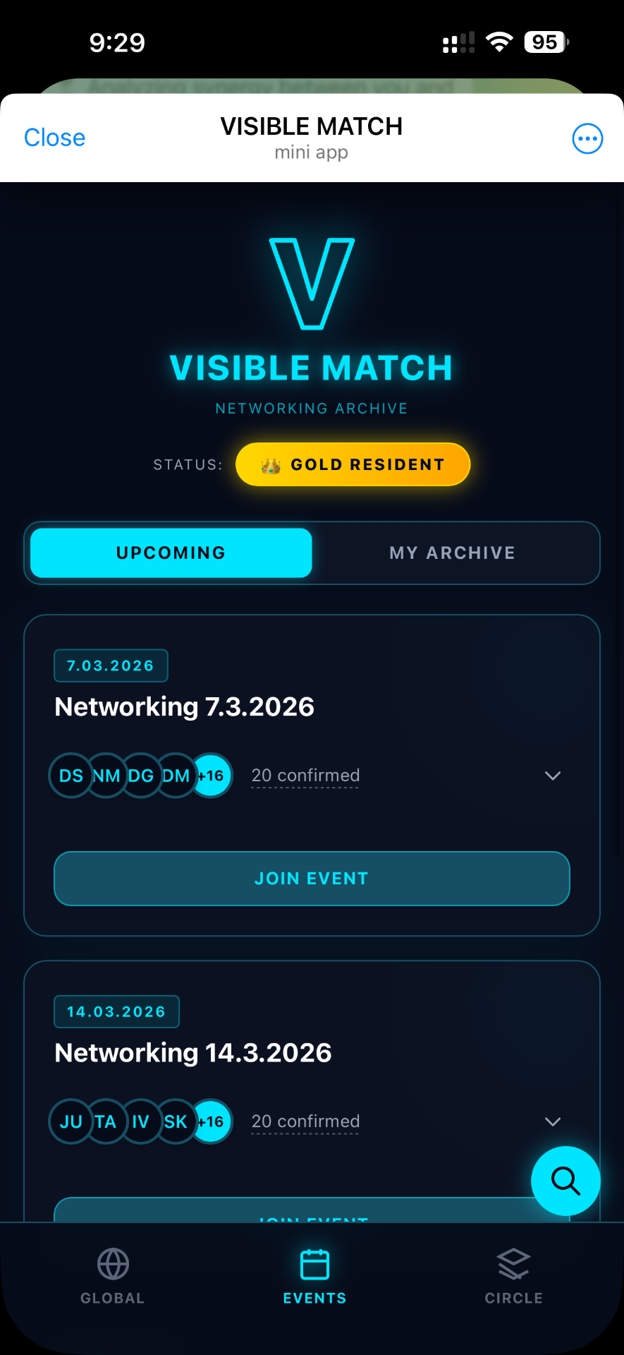 Visible Match — upcoming networking events and AI match list inside Telegram